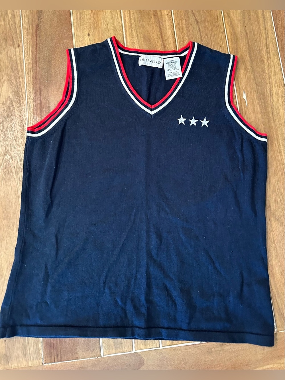 Vintage White Stag Navy Blue V-Neck Tank Top Star Americana Red White Trim M